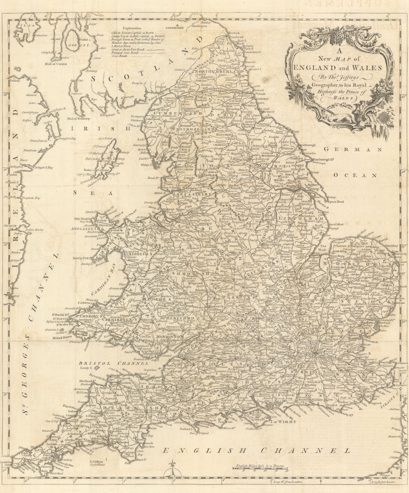 A New Map of England and Wales by Thomas Jefferys 1757 old antique chart